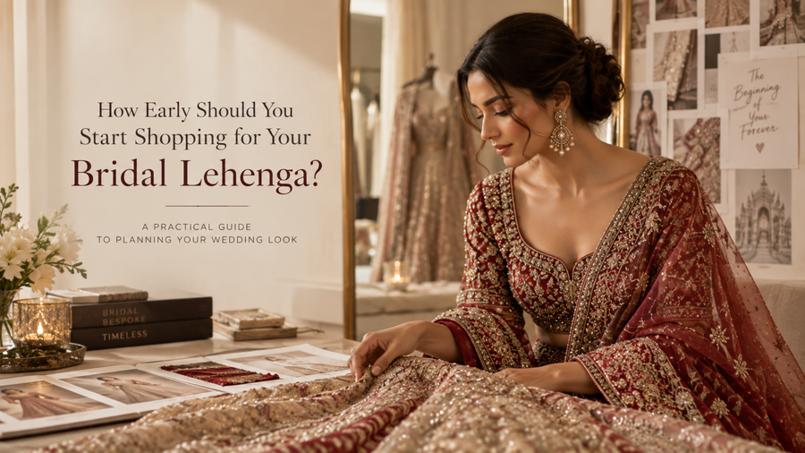 Bride in a red embroidered lehenga reviewing fabrics and design references during a bridal shopping consultation.