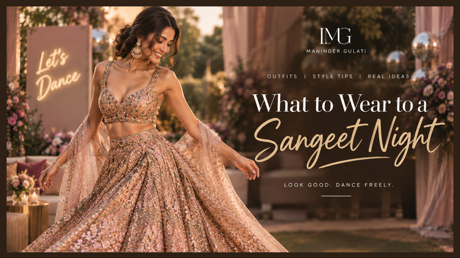 Woman wearing a designer Indian outfit styled for a Sangeet night