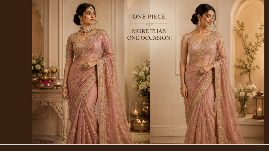 Woman styling an Indian designer outfit for different wedding occasions