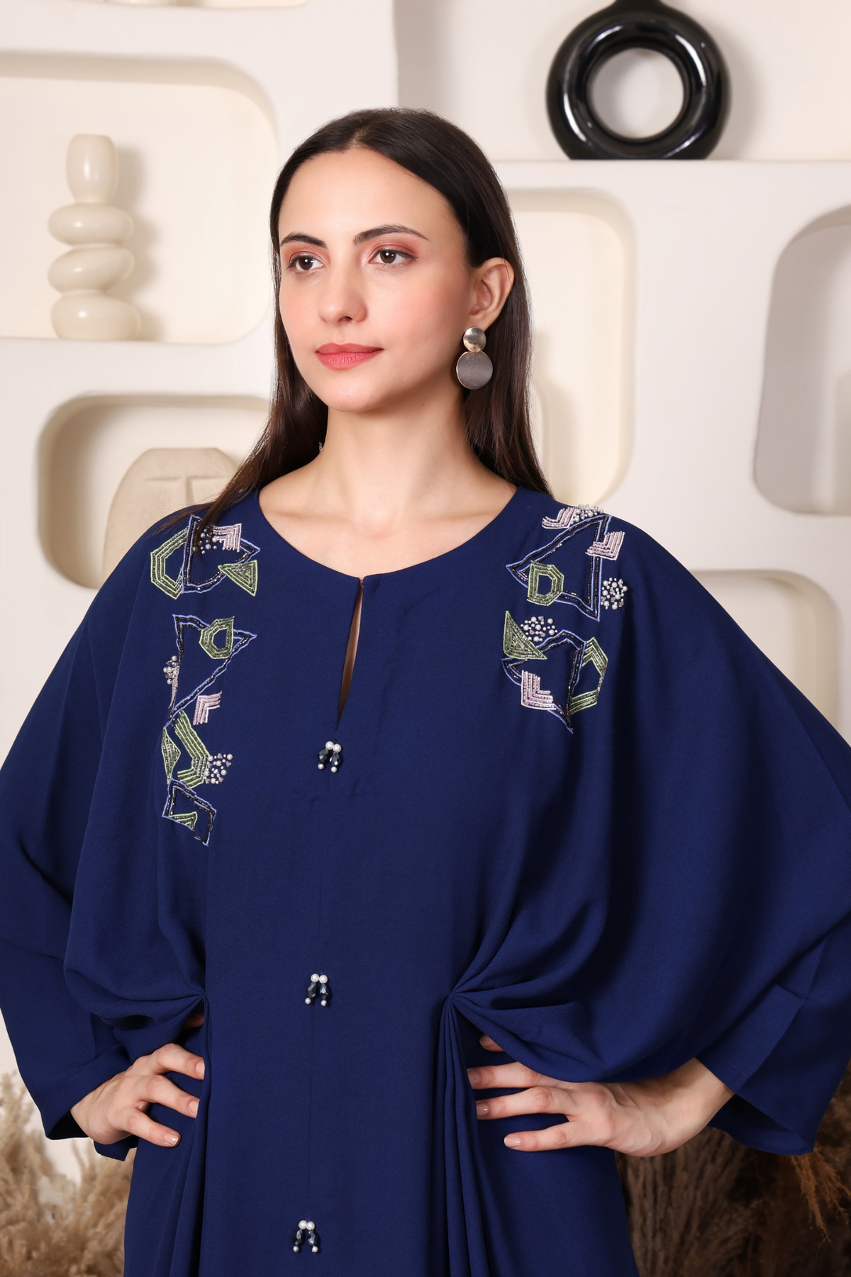 Navy multicolour embroidered kaftan dress, three-quarter view