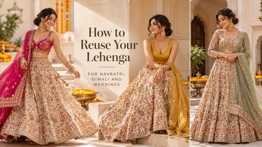 Designer lehenga styled with different blouse and dupatta combinations for festive occasions