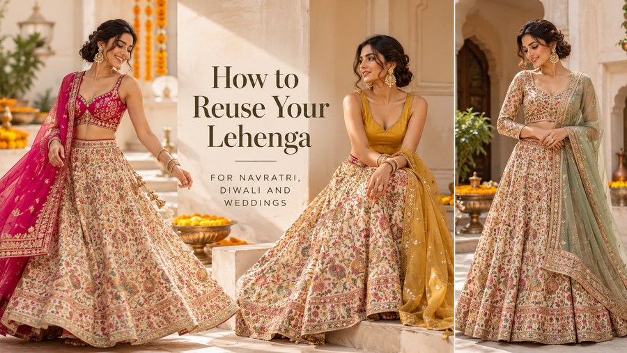 Designer lehenga styled with different blouse and dupatta combinations for festive occasions
