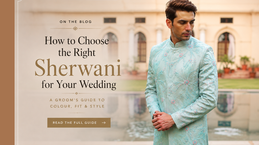 Groom wearing a pastel blue embroidered sherwani for a wedding style guide by Maninder Gulati