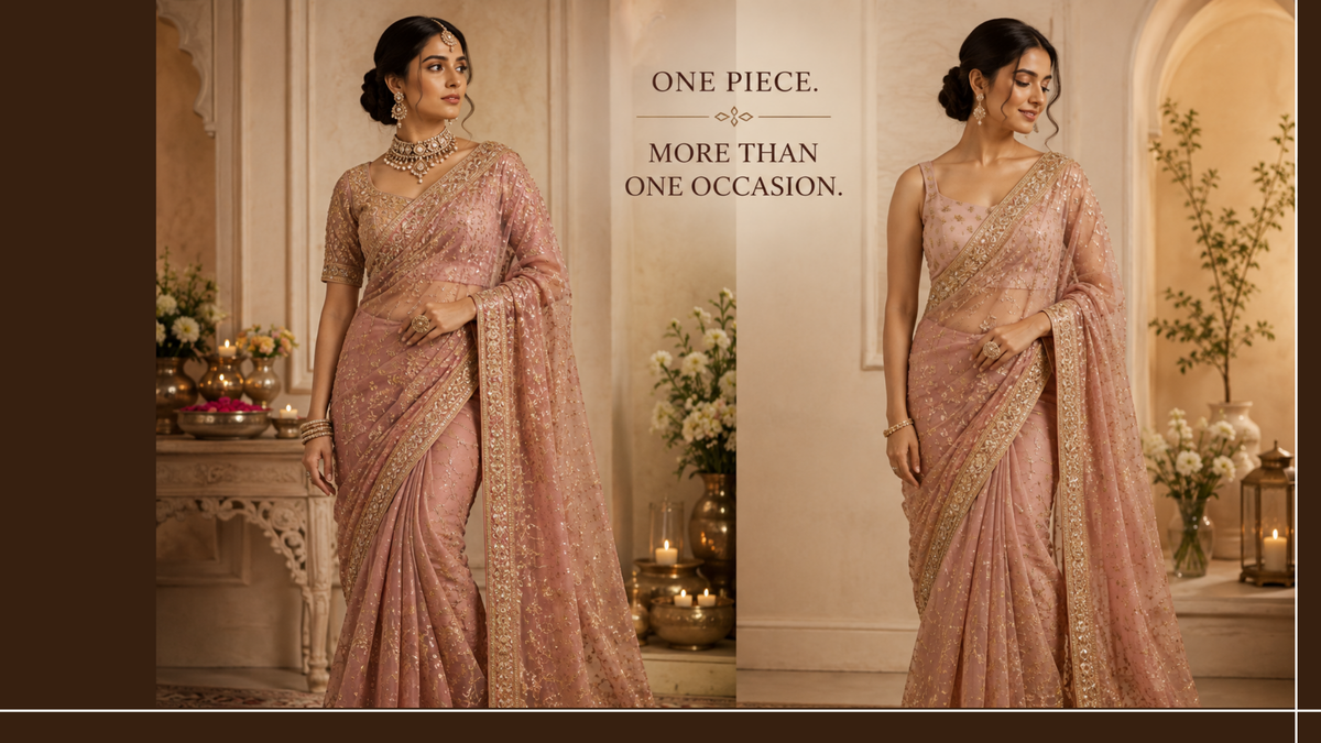 Woman styling an Indian designer outfit for different wedding occasions