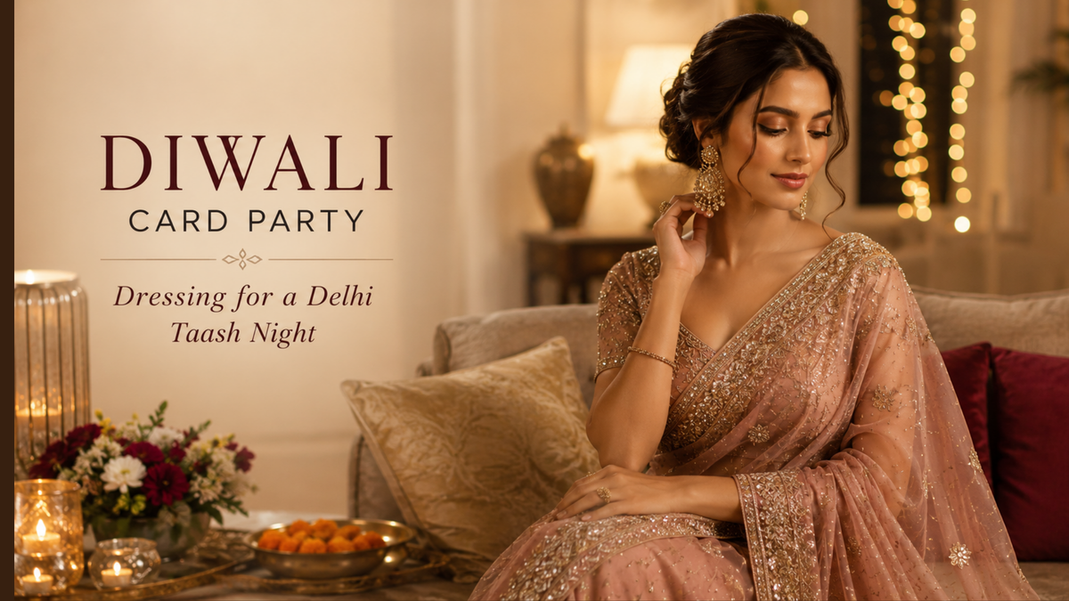 Woman in an embellished blush saree at an elegant Diwali card party in Delhi, styled for a festive evening.