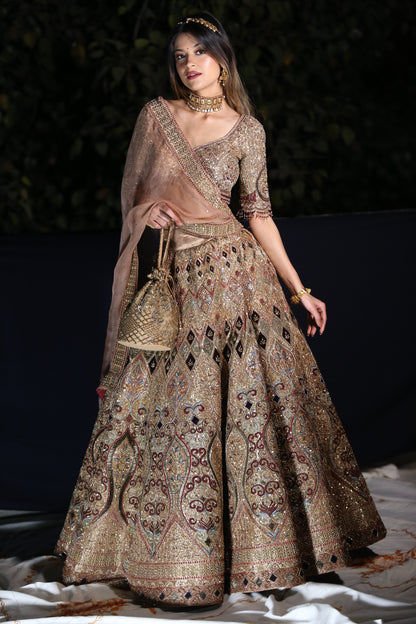 Antique Gold Embroidered Bridal Lehenga Set