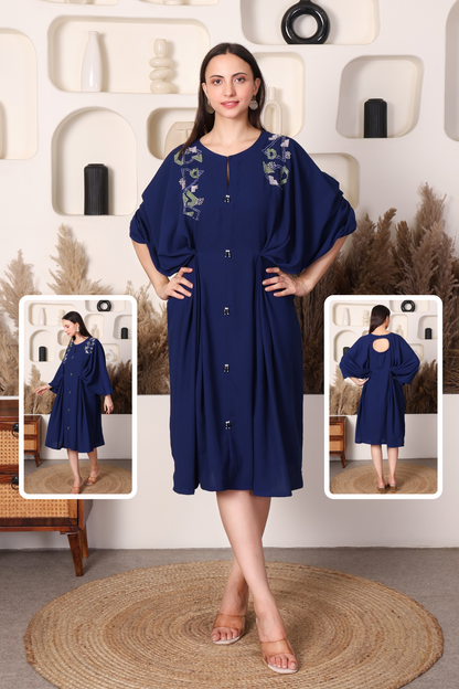 Navy multicolour embroidered kaftan dress, front and back views