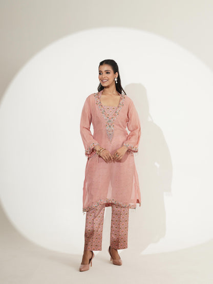 Soft Blush Pink Embroidered Custom Kurti Set