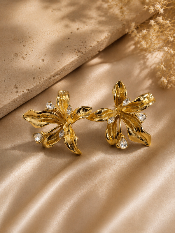 Women Gold-Toned Floral Statement Earrings with Crystal Accents