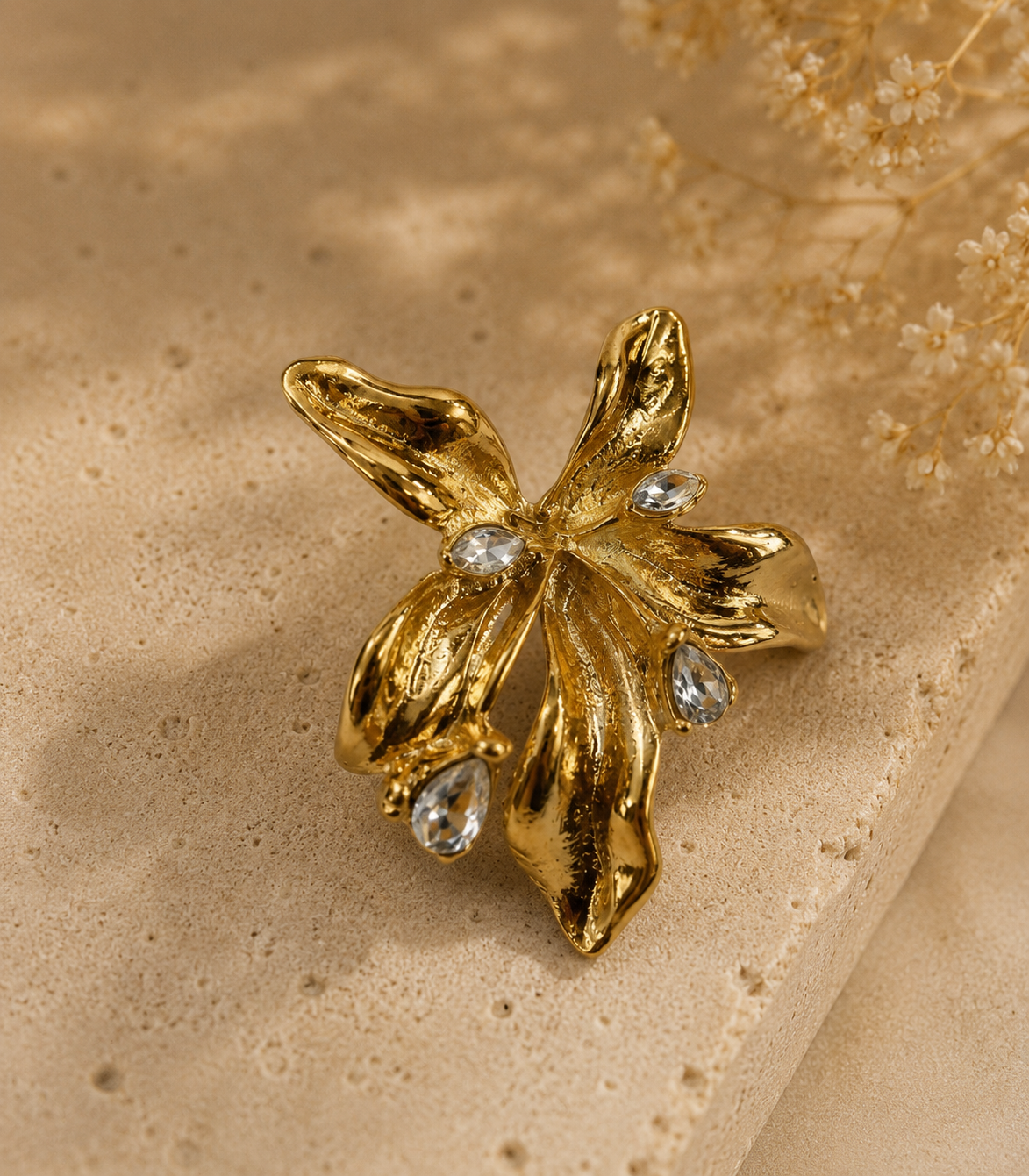 Women Gold-Toned Floral Statement Earrings with Crystal Accents