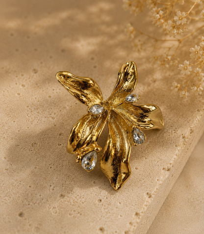 Women Gold-Toned Floral Statement Earrings with Crystal Accents