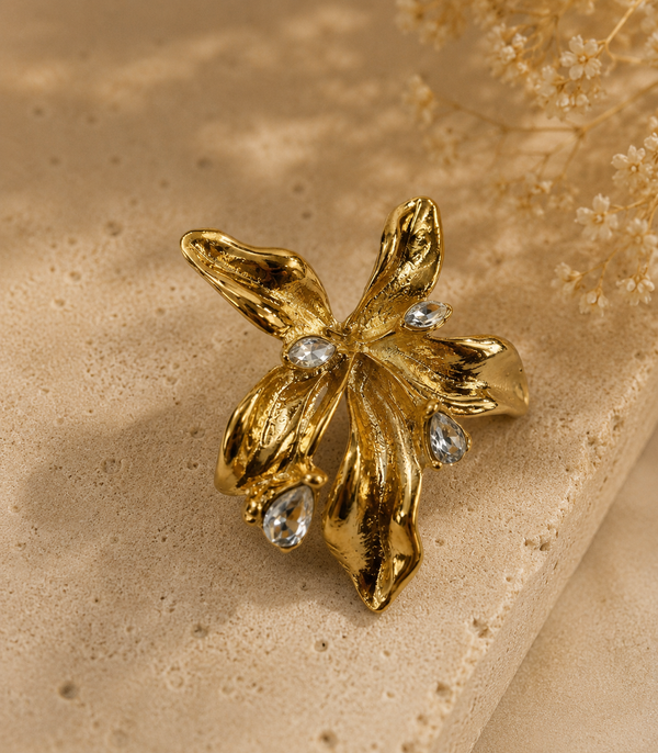 Women Gold-Toned Floral Statement Earrings with Crystal Accents