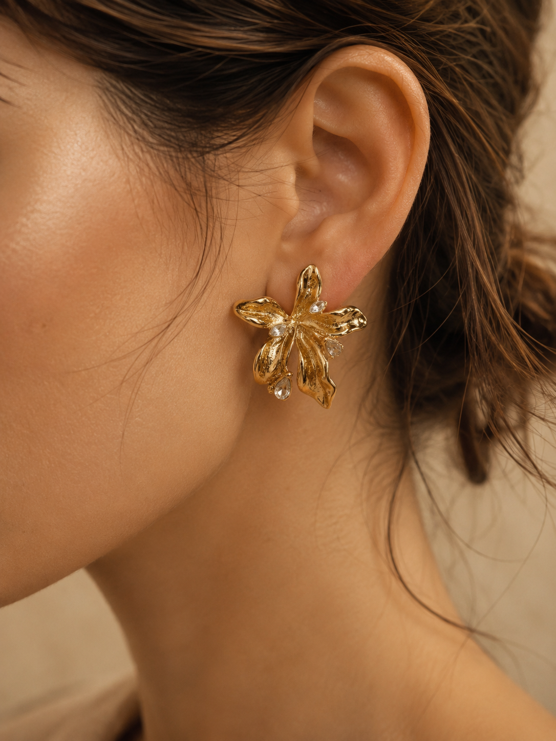 Women Gold-Toned Floral Statement Earrings with Crystal Accents