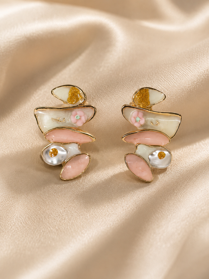 Women Floral Enamel Statement Drop Earrings with Faux Pearl Detail