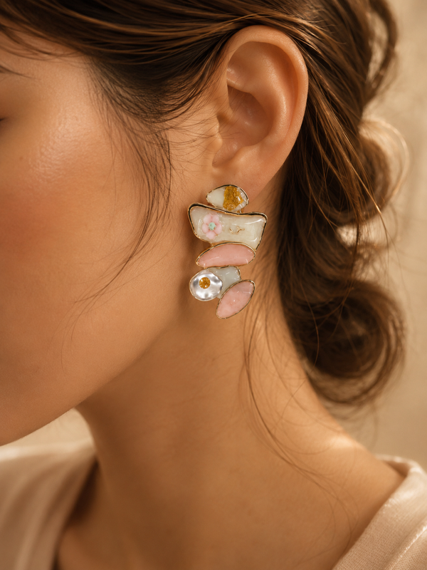 Women Floral Enamel Statement Drop Earrings with Faux Pearl Detail