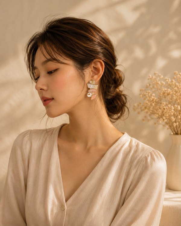 Women Floral Enamel Statement Drop Earrings with Faux Pearl Detail