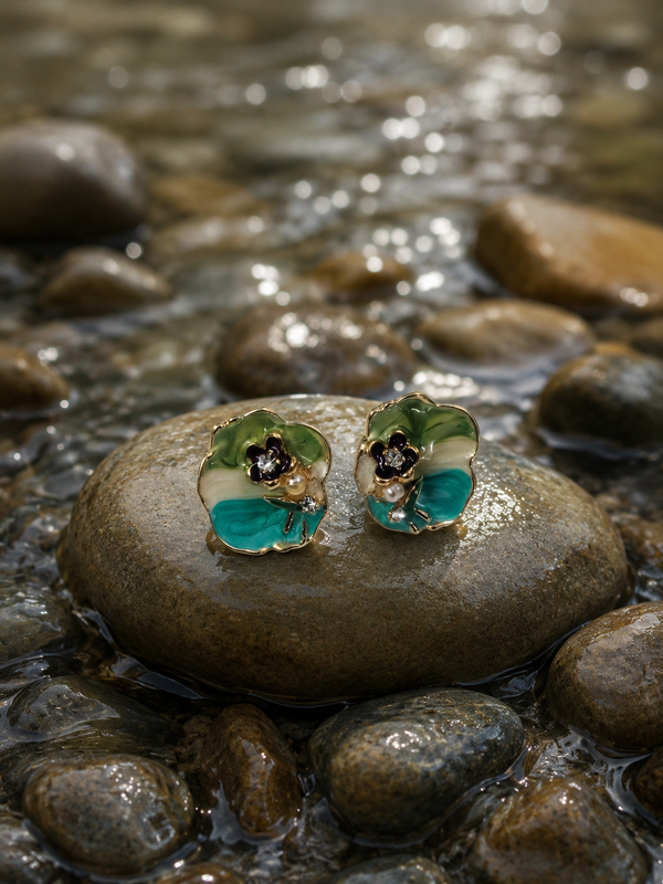 Women Green & Teal Floral Enamel Embellished Statement Stud Earrings