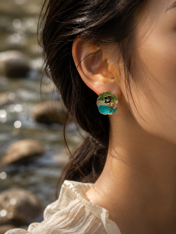 Women Green & Teal Floral Enamel Embellished Statement Stud Earrings