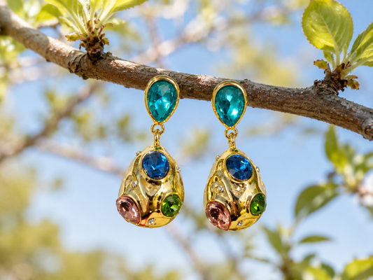 Multicolour gemstone gold-tone drop earrings, front view