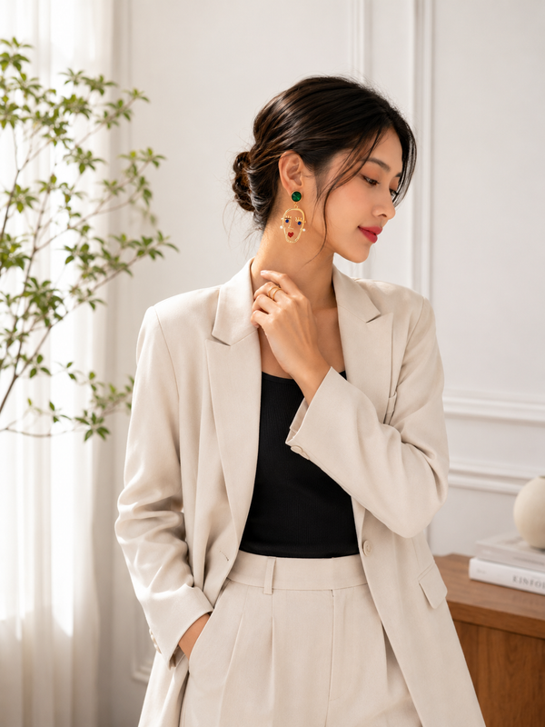 Emerald green face motif statement earrings, detailed view