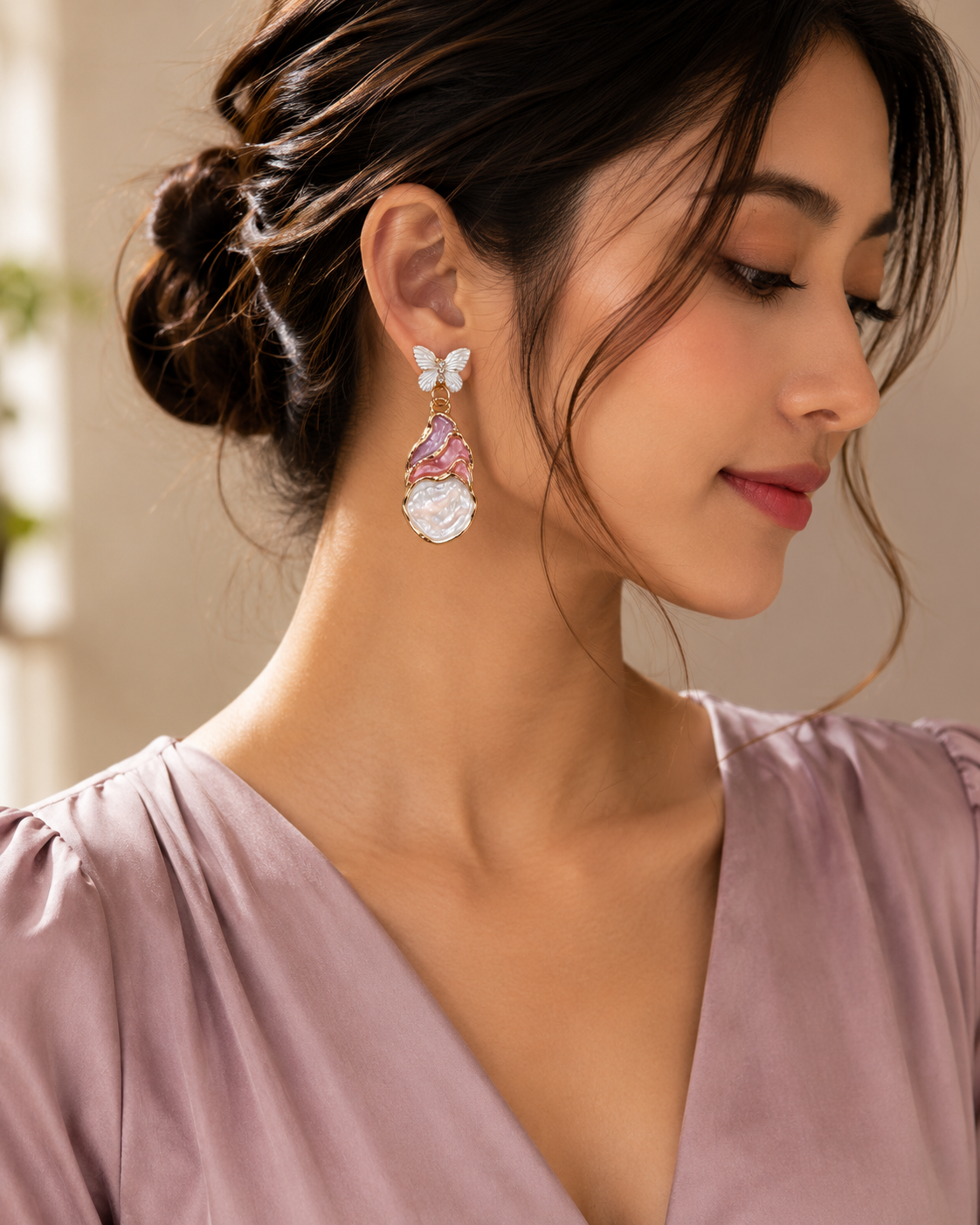 Blush butterfly sculptural earrings shown in detailed view