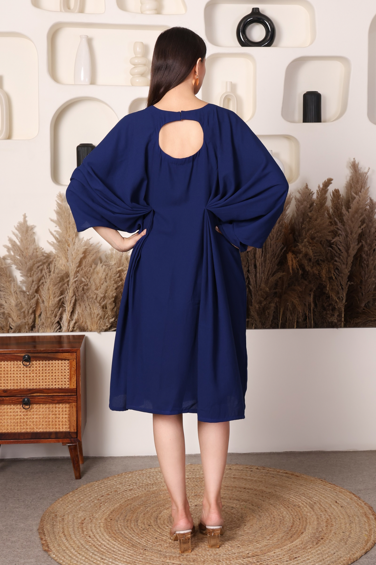 Navy embroidered kaftan dress showing back keyhole detail