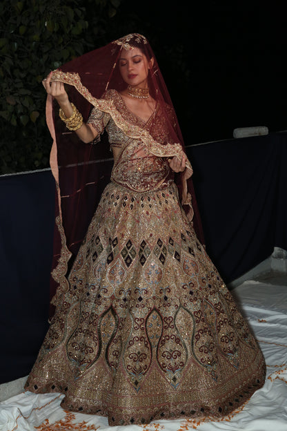 Antique Gold Embroidered Bridal Lehenga Set