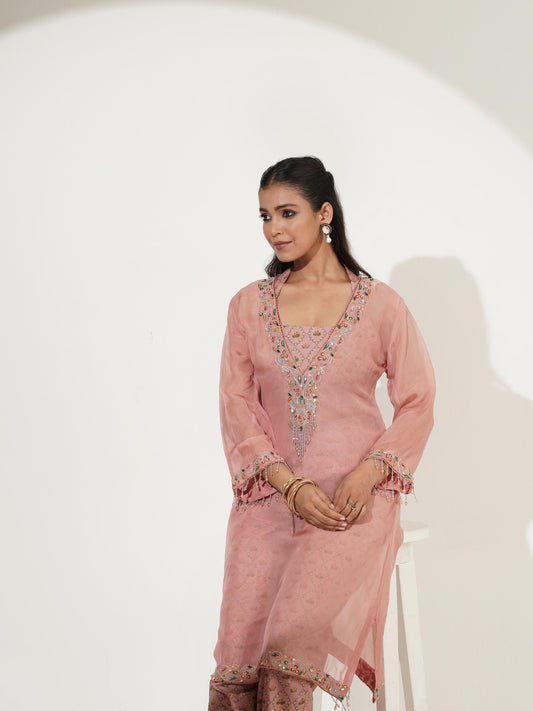 Soft Blush Pink Embroidered Custom Kurti Set