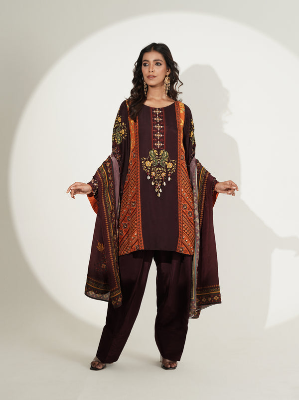 Maroon Printed Co-ord Set with Dupatta