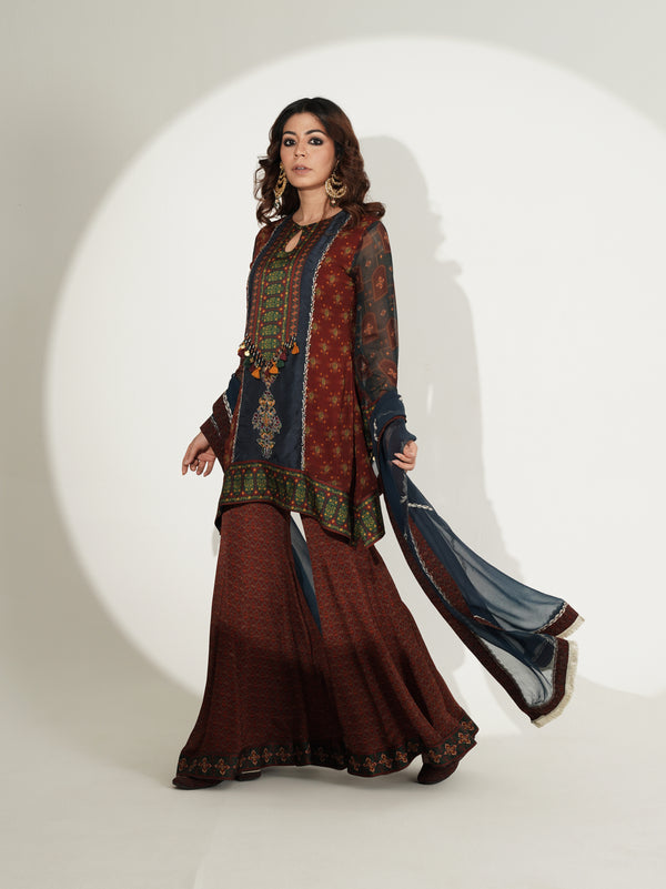 Vintage print kurti with kali sharara