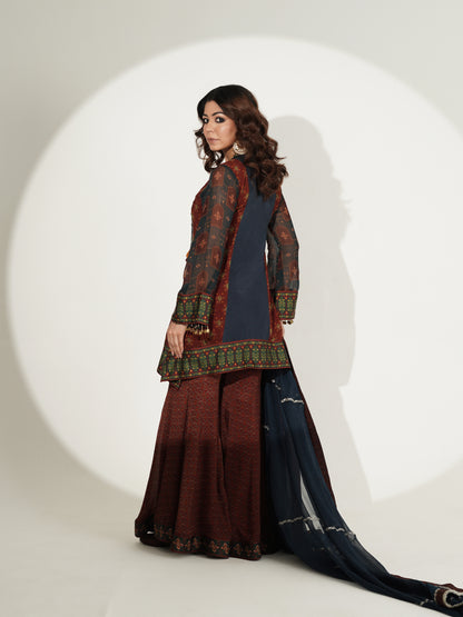 Vintage print kurti with kali sharara