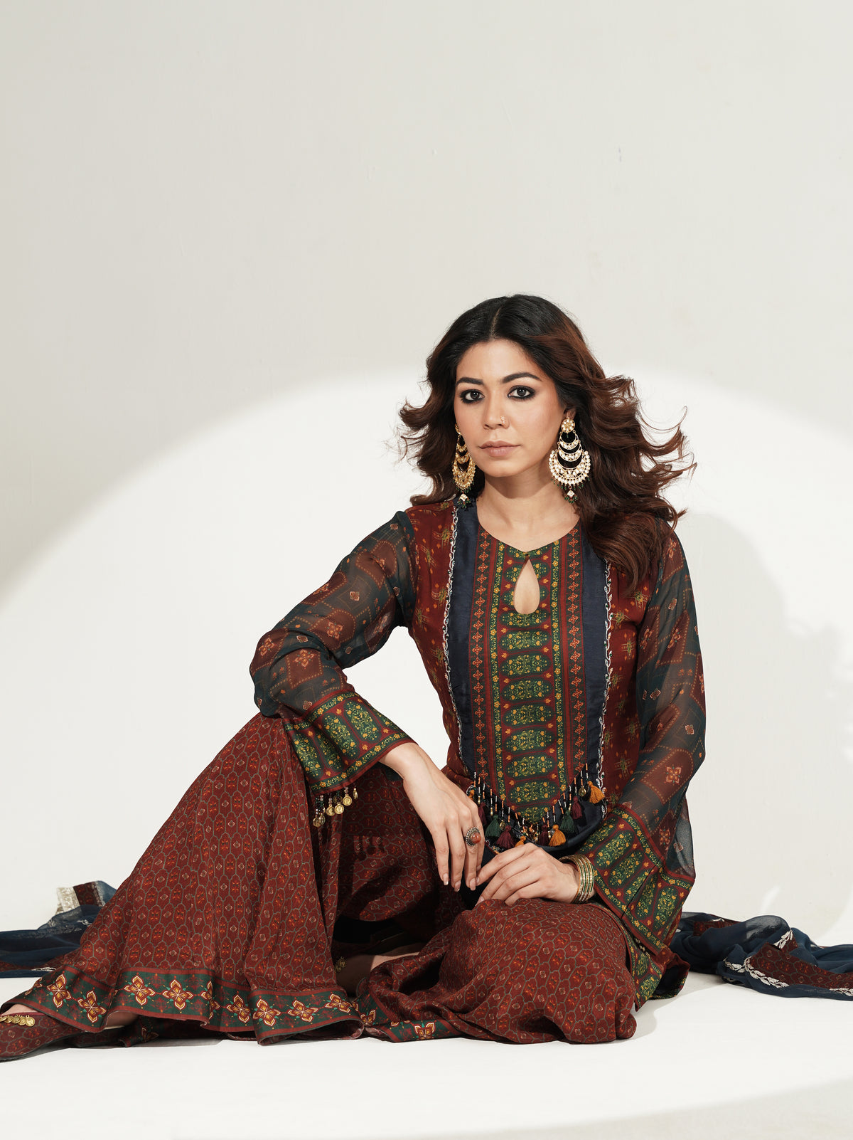 Vintage print kurti with kali sharara