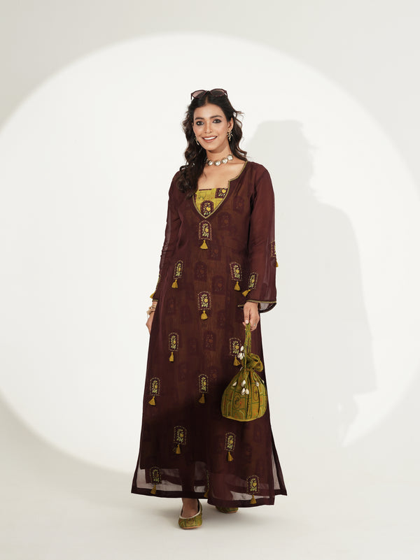 Deep brown longline kurta and green skirt set, front view