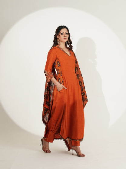 Rust Orange Long Suit Set with Dupatta