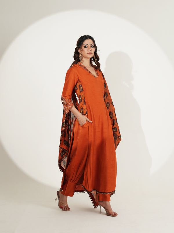 Rust Orange Long Suit Set with Dupatta