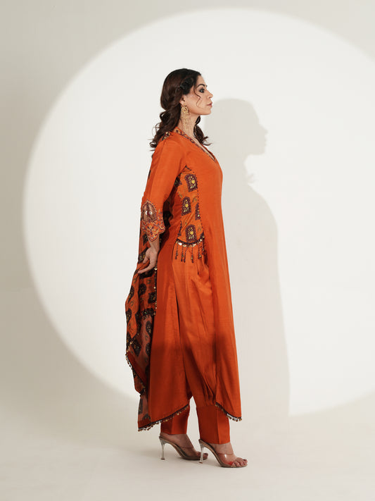 Rust Orange Long Suit Set with Dupatta