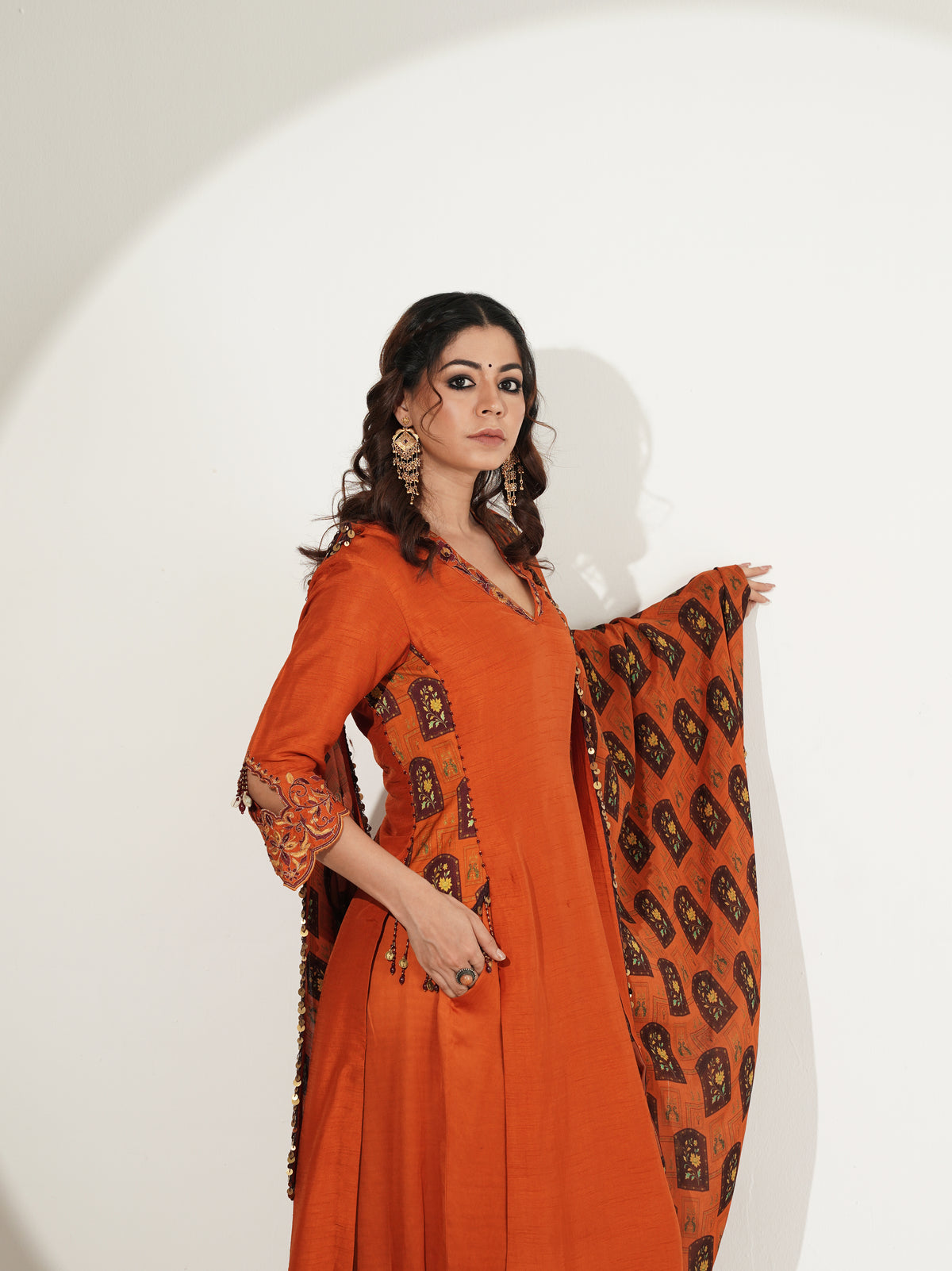 Rust Orange Long Suit Set with Dupatta