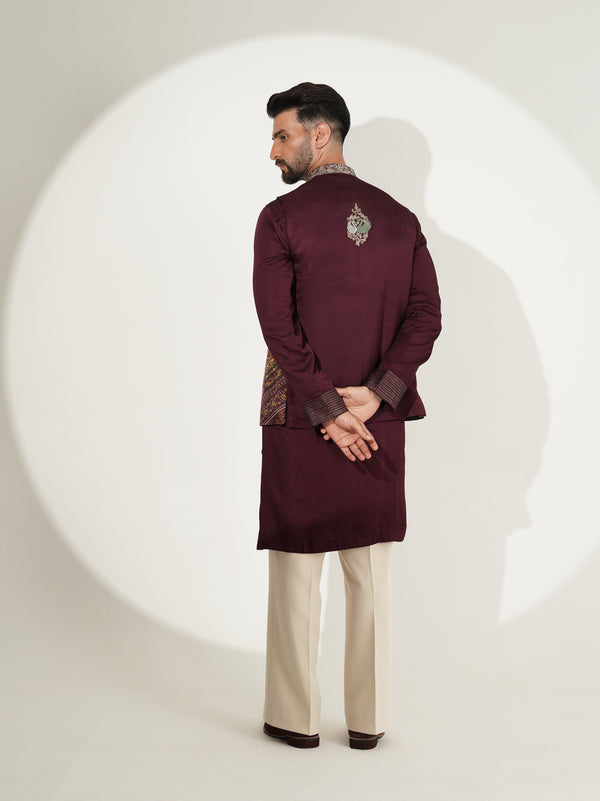 Deep Wine Kurta Set with Printed Jacket