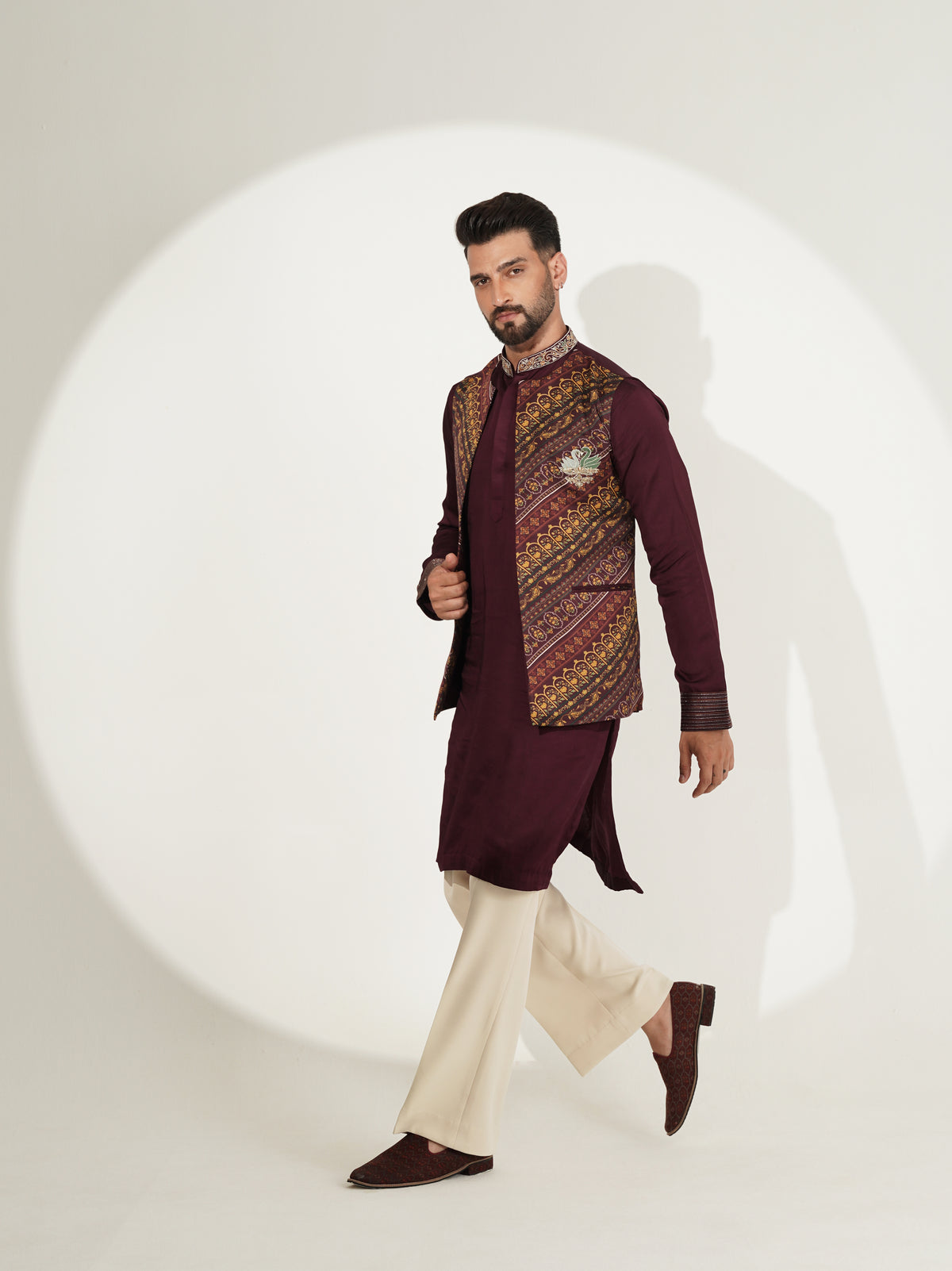 Deep Wine Kurta Set with Printed Jacket