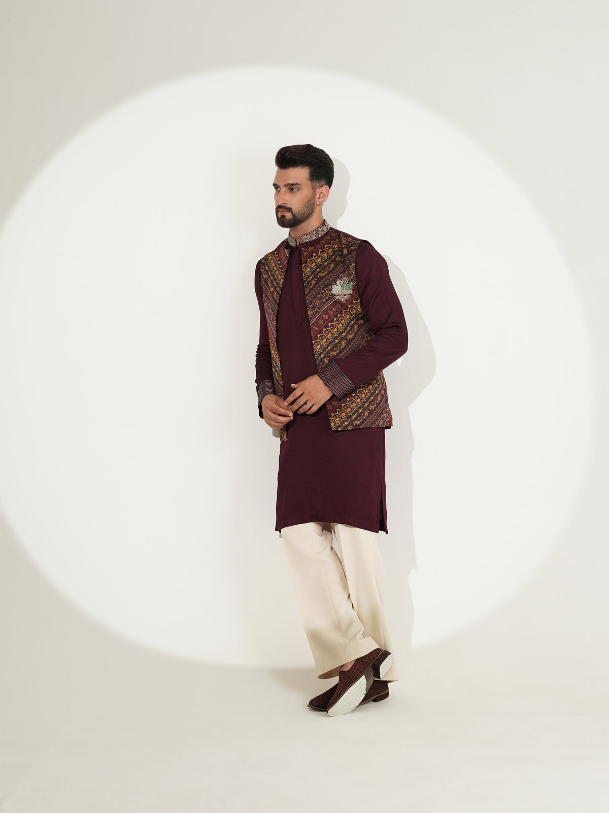 Deep Wine Kurta Set with Printed Jacket