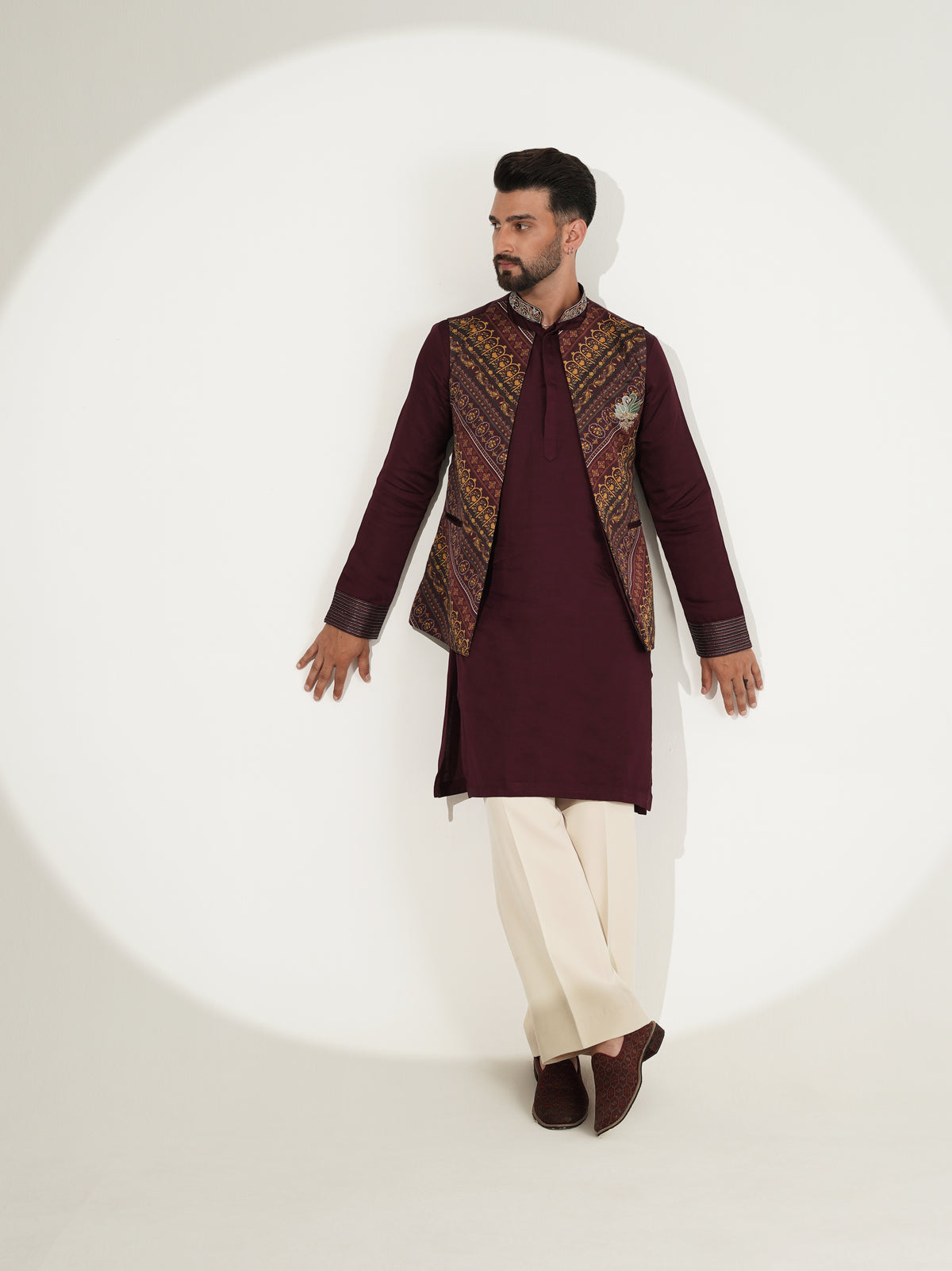 Deep Wine Kurta Set with Printed Jacket