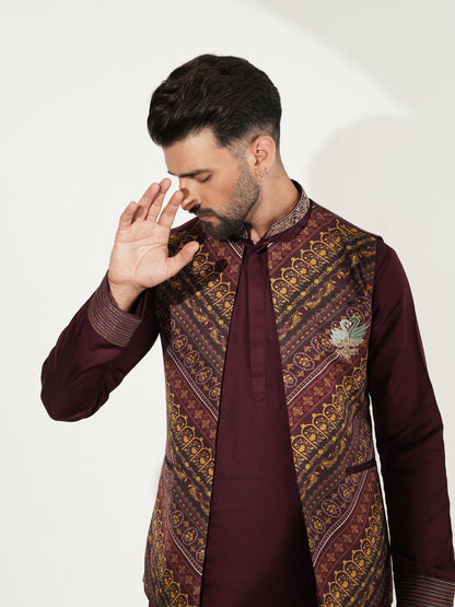 Deep Wine Kurta Set with Printed Jacket