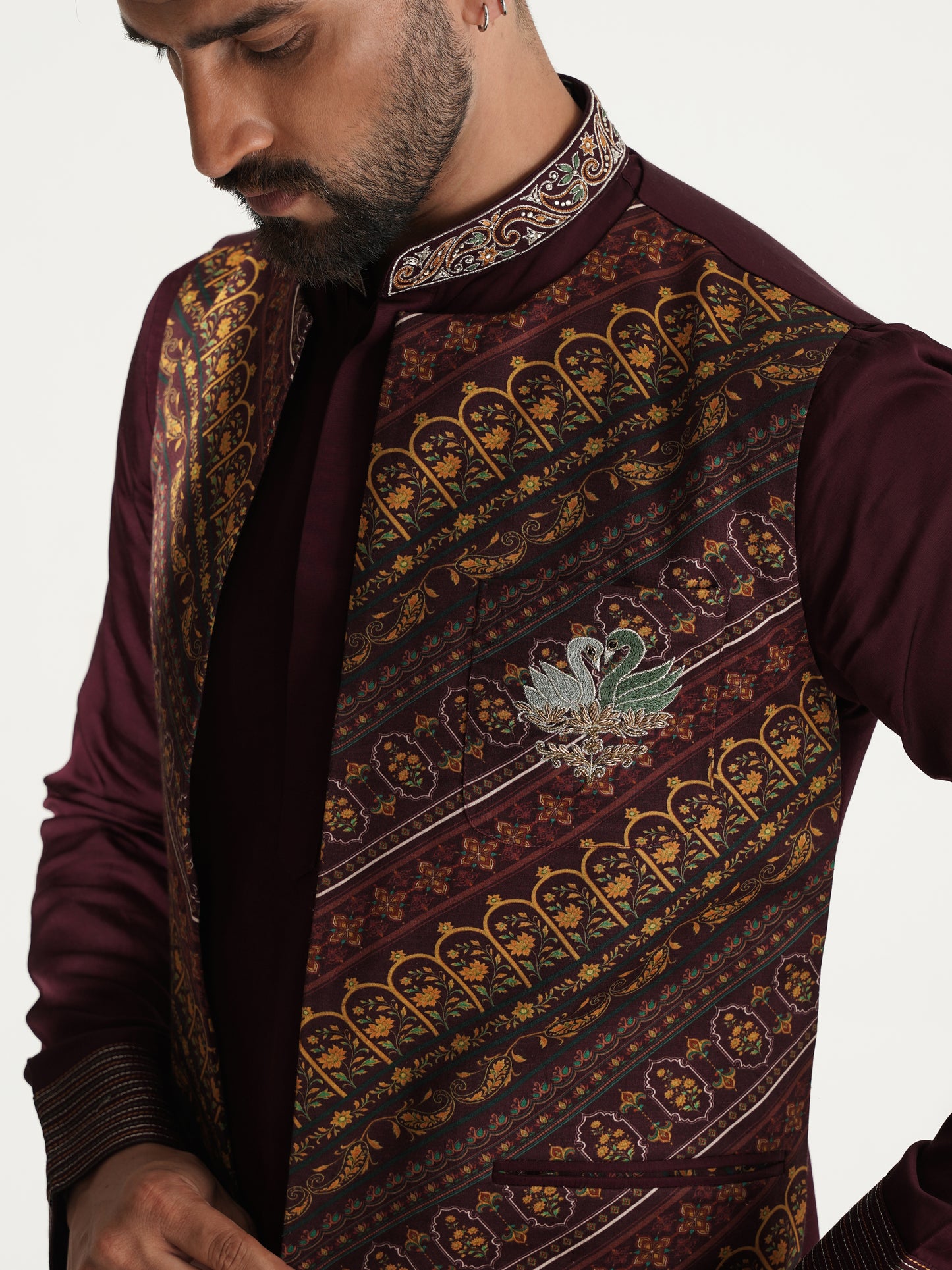 Deep Wine Kurta Set with Printed Jacket