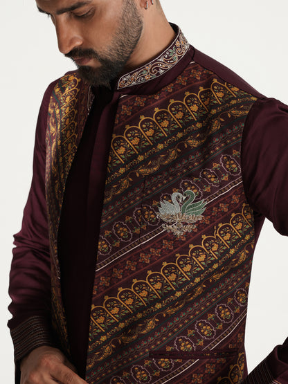 Deep Wine Kurta Set with Printed Jacket