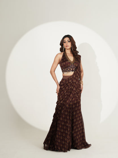 Espresso Brown Printed Custom Saree with Embellished Blouse