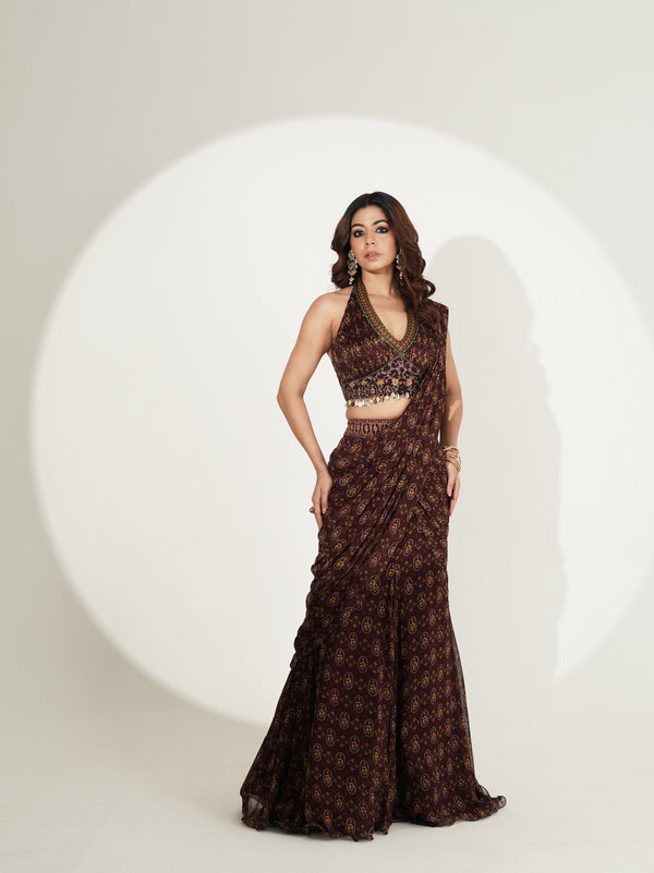 Espresso Brown Printed Custom Saree with Embellished Blouse