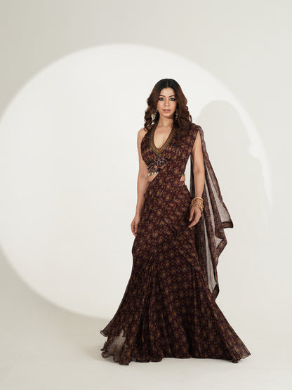 Espresso Brown Printed Custom Saree with Embellished Blouse
