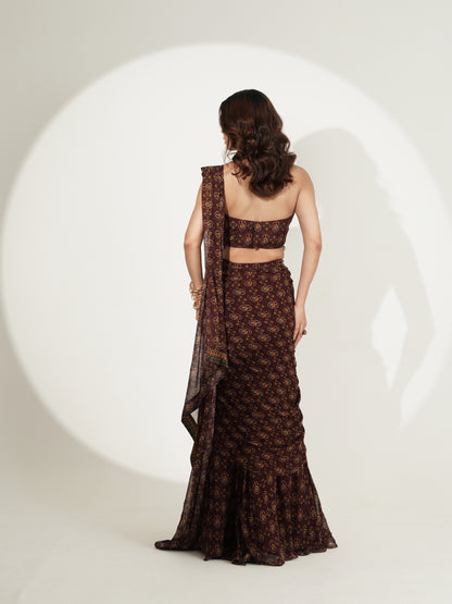 Espresso Brown Printed Custom Saree with Embellished Blouse