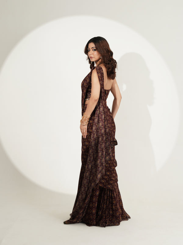 Espresso Brown Printed Custom Saree with Embellished Blouse