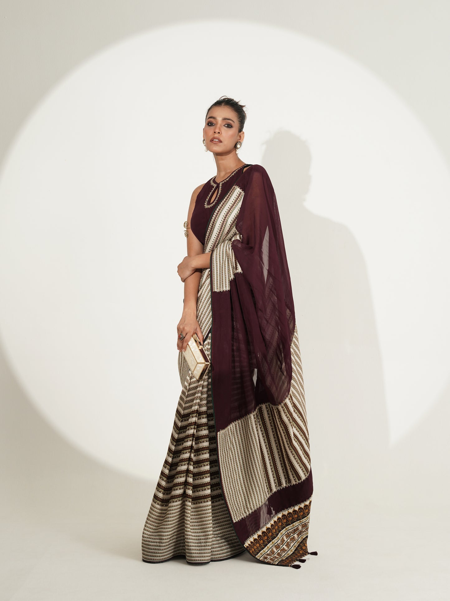 Maroon & Ivory Printed Saree with Contrast Blouse